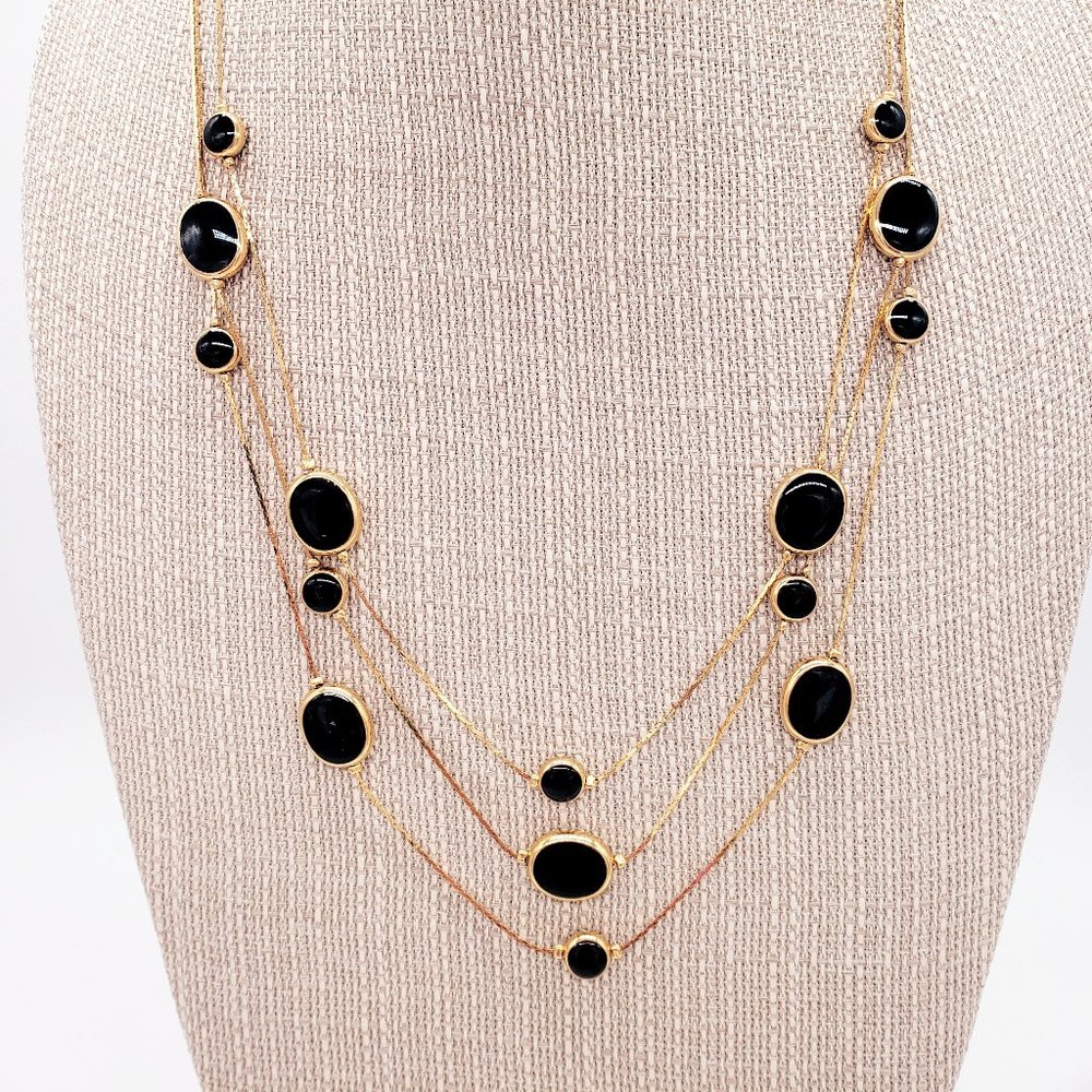 Avon Gold Tone Black Disc Long Three Strand Beautiful Necklace